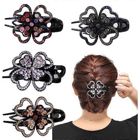Lot de 4 pinces à cheveux papillon ornées de strass (fleurs), pinces bec de canard, pinces papillon pour femmes (1/5)