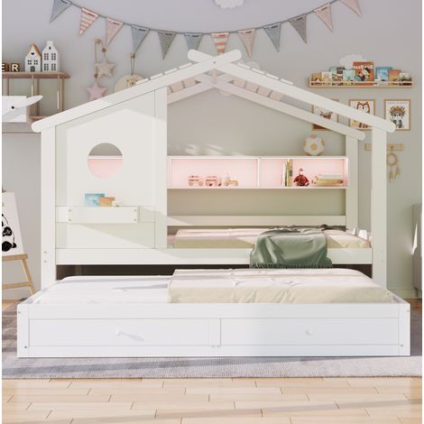 Cama casita de madera maciza blanca 90x200 cm con cama nido, cajones y LED (1/5)