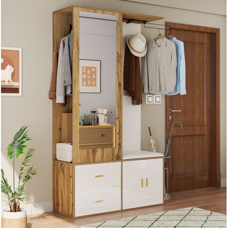 Guardaroba da ingresso 100x38x180 cm bianco e naturale in truciolato con specchio, panca e scarpiera (1/5)