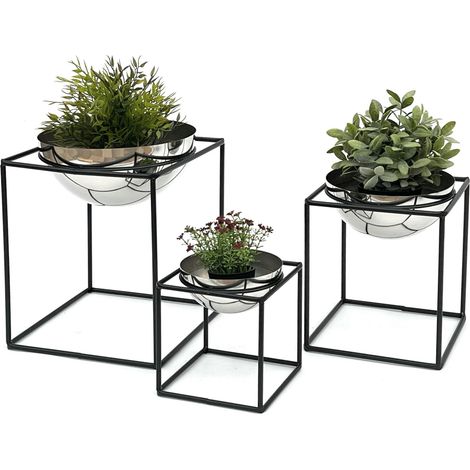 DanDiBo Blumenhocker Metall mit Topf Schwarz Silber Blumenständer 96256 3er Set Blumensäule Modern Pflanzenständer Pflanzenhocker (1/5)