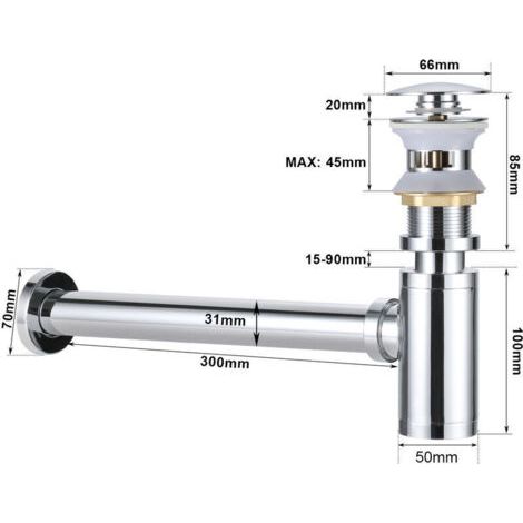 FENOPLASTICABonde + Siphon de Lavabo Push et Pop Up avec Trop-Plein Set de Siphon Mural en Laiton Chromé Ensemble de Vidange Universel Accessoire de Salle de Bain - Chrome (1/3)