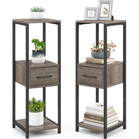 Lot de 2 Supports de Plantes en Métal à 3 Niveaux, Porte-Plantes avec Kits Anti-basculement 1 Tiroir, Organisateur d'angle de Pots, Gris+Noir (1/5)