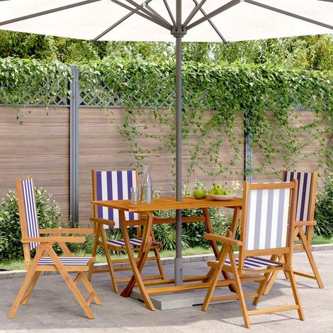 vidaXL Fauteuils pliants inclinables 4 pièces, tissu bleu et blanc et bois massif (1/5)