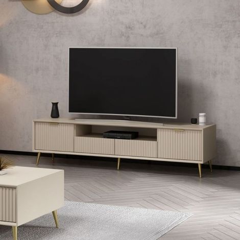 Porta TV con ante colore cashmere effetto cannettato e piedi in metallo oro 180x35x45H cm - Wilmy