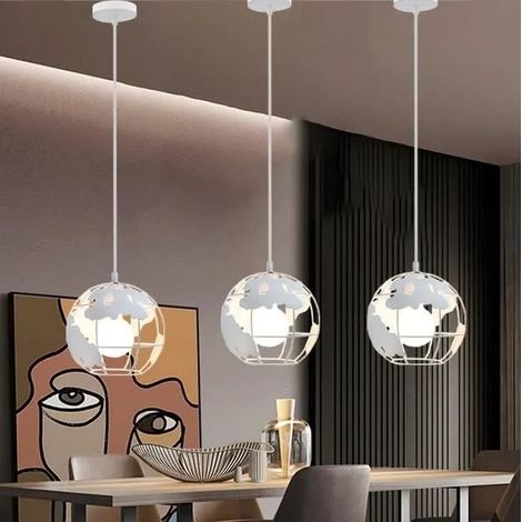 3PCS Lampe Suspension Plafonnier Industrielle en Métal Blanc Lustre Luminaire Vintage en Forme Glob pour Salon Chambre (1/4)