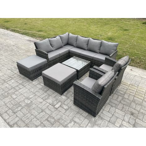 Fimous 10 Seater Outdoor Garden Furniture Set Wicker PE Rattan Corner Sofa Set with Square Coffee Table 2 Big Footstool 2 Armchairs Dark Grey Mixed