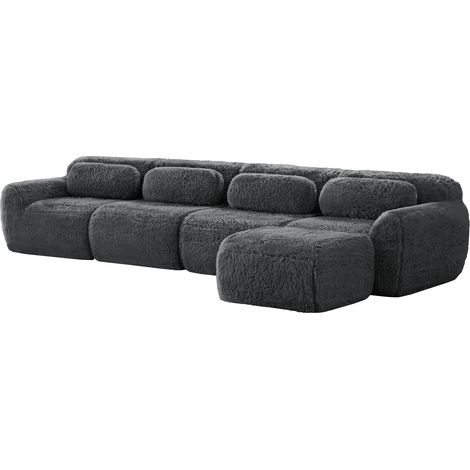 Canapé d'angle modulable 4 places en tissu peluche gris avec ottomane, sans montage (1/5)