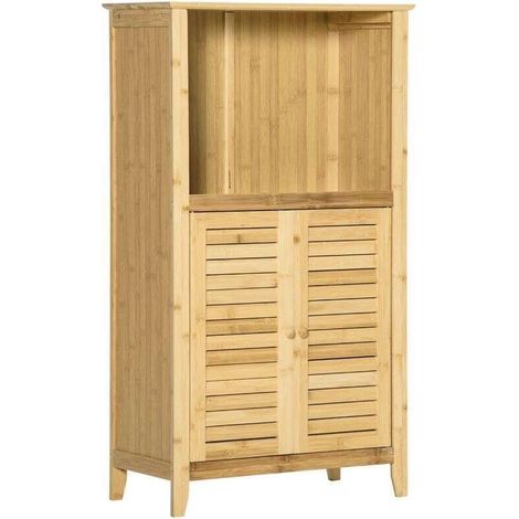 Meuble de rangement autoportant en bambou, 2 portes à lames et étagère ouverte, finition naturelle. Dimensions : 50 x 25,5 x 92 cm (1/5)
