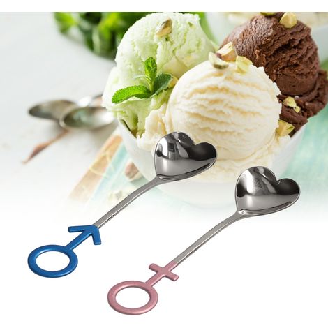 Cuillères créatives en forme de cœur pour couples, fabriquées en acier inoxydable 304, parfaites pour les coffrets cadeaux bleus, roses et argentés. (1/5)
