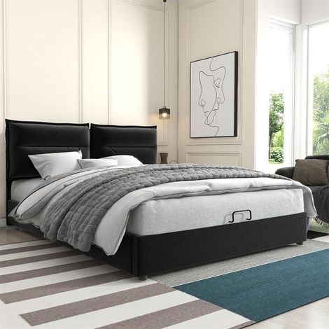 Lit coffre 140x200 cm rembourré velours noir avec sommier à lattes métalliques – rangement, sans matelas (1/5)