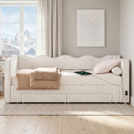 MEUBLIV Lit 90x200 cm beige – avec rangements, USB et extension 180 cm, sans matelas (1/5)