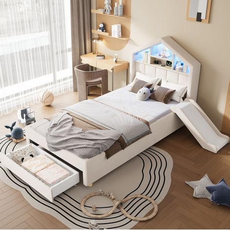 Cama cabaña infantil 90x200 cm de terciopelo beige con cajón, sin colchón FloraGrace (1/5)