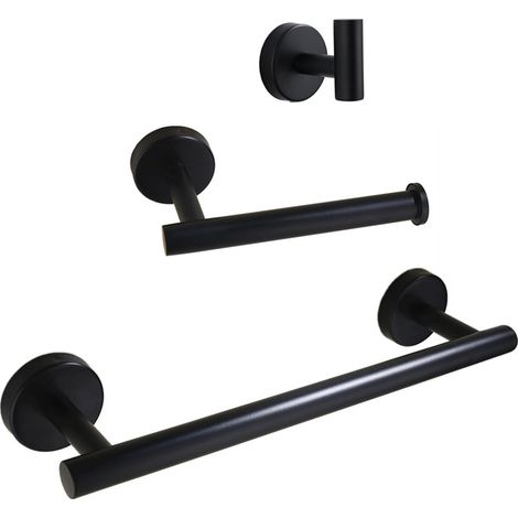 Ensemble Salle de Bain 3 Pièces Acier Inoxydable 304 40 cm - Porte-Serviettes, Crochets et Distributeur Papier Toilette - Noir (1/3)