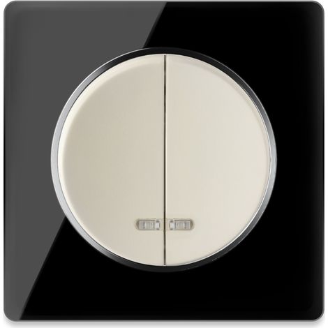 Doppel-Lichtschalter mit Kontrollleuchte beige mit Glas-Abdeckrahmen schwarz (1/4)