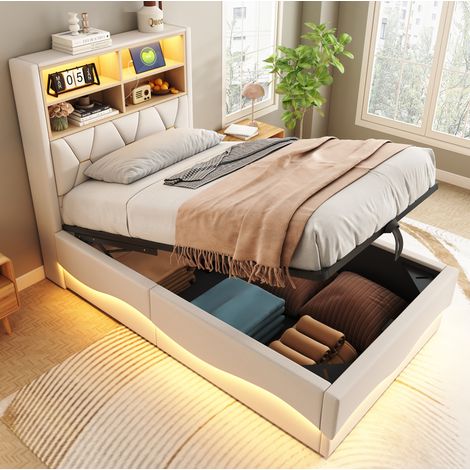 DESVIAE Lit enfant 90 x 200 cm avec rangement hydraulique bande LED pilotable par application port USB structure metal revetement en lin beige (1/4)