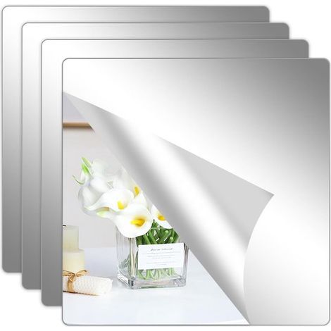 Lot de 4 miroirs autocollants – 20x20 cm – Flexibles – Adhésifs – Pour mur, salle de bain, décoration (1/5)