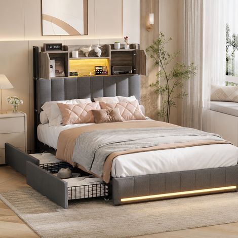 Lit coffre 90×200cm avec 4 tiroirs de rangement, lit capitonné avec lumière LED, lit simple avec port USB, tête de lit avec rangement, grande capacité,sommier à lattes, lit adulte, lit ados,Lin,Gris (1/5)
