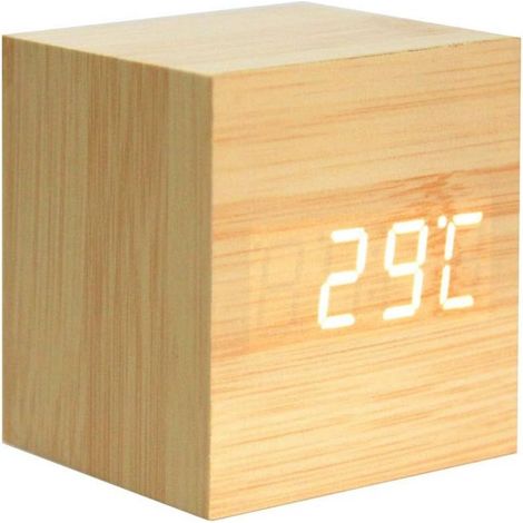 Réveil Numérique - Bois Naturel - Affichage Heure Température - Commande Vocale - 3 Niveaux Luminosité - Pour Chambre Bureau Voyage - 1 Pièce