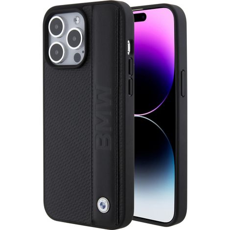 Coque rigide BMW BMHCP15X22RDPK pour iPhone 15 Pro Max 6,7" noire, en cuir texturé et rayé.