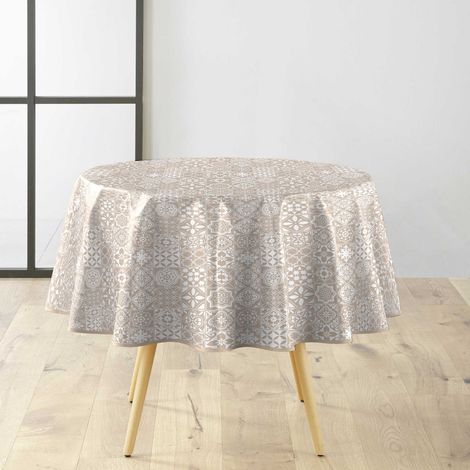 Nappe Toile Cirée Ronde "Carella" 160cm Beige & Blanc