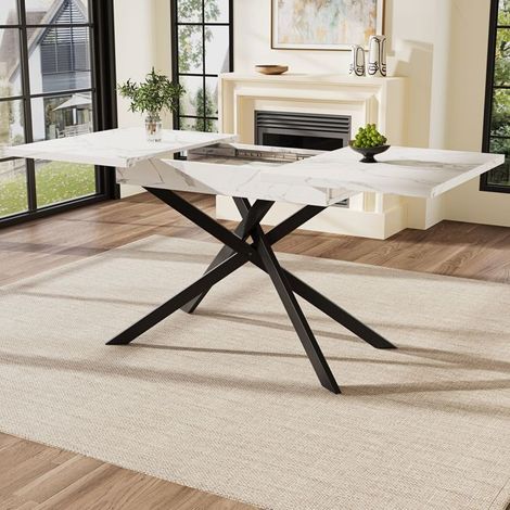Table Extensible 120-160 cm gain de place Table de Cuisine pieds en fer croisés noirs effet marbre blanc (1/5)