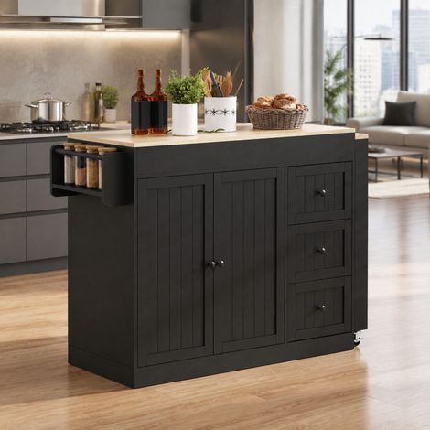 Isola cucina mobile estensibile con ripiani e cassetti, nero, MDF+PB, FloraGrace (1/5)
