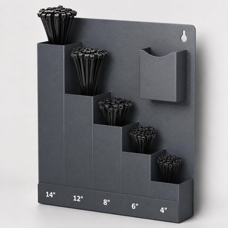 Support mural pour attaches de câbles verticales en métal robuste avec 250 attaches zippées assorties, résistant à la rouille pour garage, atelier, abri de jardin, remorque et maison (1/5)