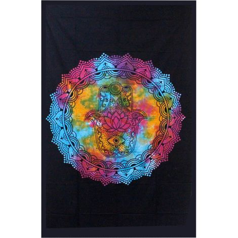 Couvre-Lit Simple en Coton + Tenture Murale - Hamsa Noir 130cm x 200cm- Vendu par 1 (1/4)