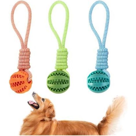 3 balles chien caoutchouc, jouet à mâcher indestructible avec corde, balle interactive pour chiens actifs (1/5)