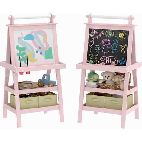 Tableau chevalet enfant 3 en 1 avec tableau blanc magnétique, tableau à craie, rouleau papier, 2 paniers, 3-6 ans, rose (1/5)
