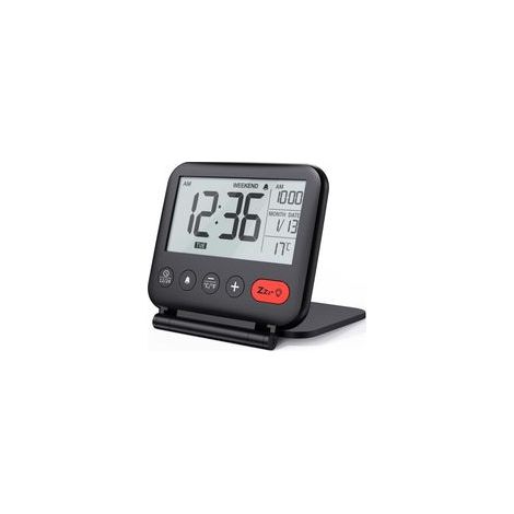 Mini réveil de voyage numérique LCD pliable à piles, calendrier rétroéclairé 12/24 h, température, miroir maquillage, noir – (1/5)
