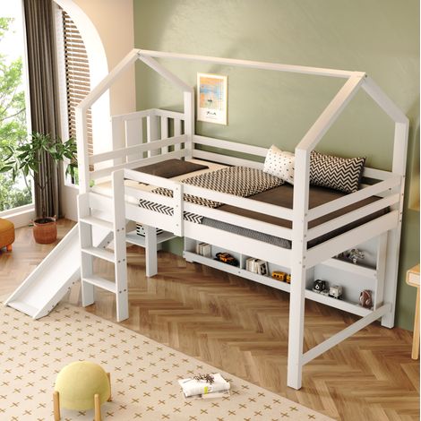 Cama alta infantil 90x200 cm con tobogán, escaleras, armario y estantería blanca (1/5)