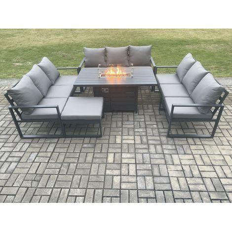 Fimous Aluminium 10 Seater Garden Furniture Outdoor Set Patio Lounge Sofa Gas Fire Pit Dining Table Set with Big Footstool Dark Grey (1/5)