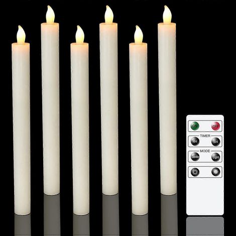 Lot de 6 bougies LED à piles avec télécommande et minuterie, en cire véritable, lumière blanche chaude vacillante. (1/5)