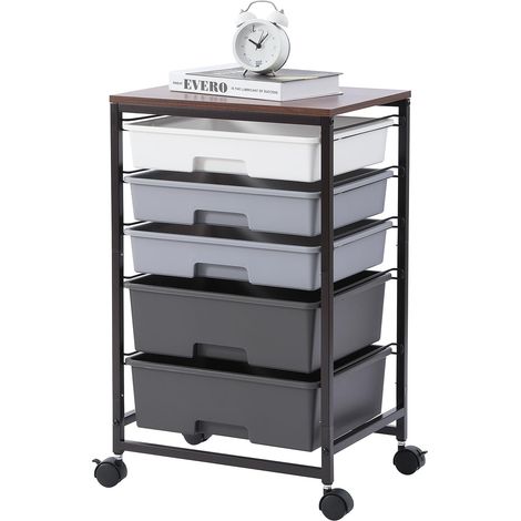 Chariot de rangement avec 5 tiroirs et plateau en bois, gris Chariot à roulettes grande capacité mobile, structure en acier, pour cuisine, salon, chambre à coucher, bureau (1/5)
