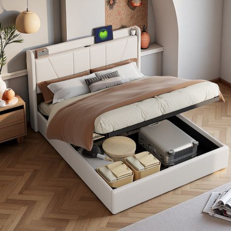 Bettkasten 160x200 cm mit 2 USB-Anschlüssen und 1 Typ-C-Anschluss – Polsterbett mit hydraulischer Hebefunktion – Stauraum – Leinenstoff – für Erwachsene und Jugendliche – Beige