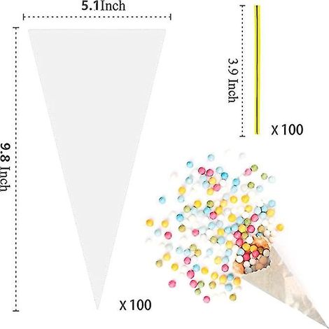 100 sachets coniques transparents, sachets en cellophane pour bonbons, sachets triangulaires en plastique de 25 x 13 cm avec attaches pour aliments (1/4)