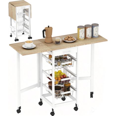 Chariot blanc et chêne pliable avec 6 roues, 97,2x37x77,5 cm, 1 tiroir et 3 paniers en métal, mobile pratique pour cuisine gain de place
