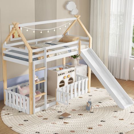 Lit superposé 180 x 200 cm enfant en bois blanc et marron avec toboggan et toit (1/5)