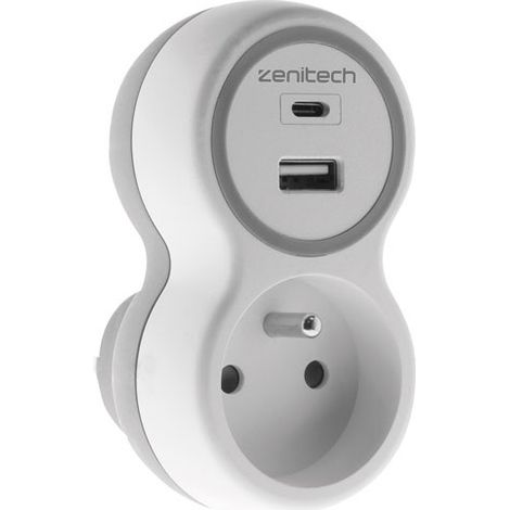 Prise 16A + 2 chargeurs USB A et C blanc gris - ZENITECH
