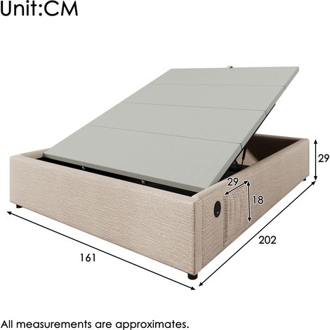 Lit coffre rembourré 160x200cm avec USB-C sommier à lattes, sans tête de lit, lin naturel