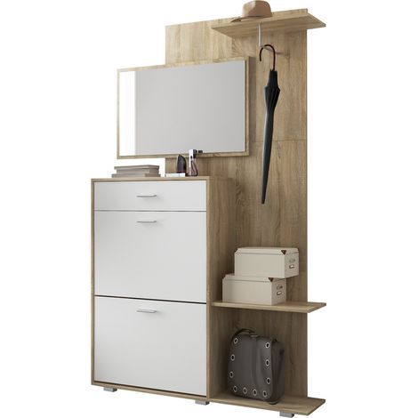Mueble de Entrada Verres, Espejo Incluido, 12 Pares, un Cajón, 120x25x192h cm Marrón Roble