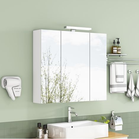 MODFU – Armoire toilette murale 80 cm MDF/verre – 3 portes miroir et étagères verre – LED et prise française – Salle de bains – Blanc (1/5)