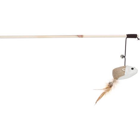 Chat en bois drôle bâton baguette animal Teaser souris jouets avec plume de cloche croustillante et souris en lin (1/5)