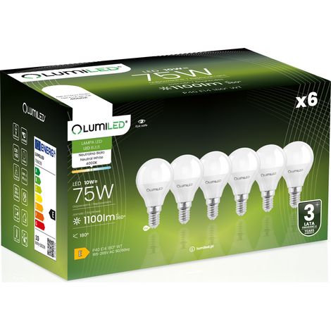 Lot de 6 ampoules LED E14 sphériques P45 10W = 75W 1100lm 4000K neutre 180° LUMILED