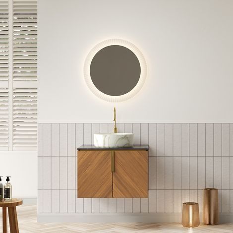 Meuble-lavabo mural de 61 cm : cuvette en céramique ronde blanche à effet pierre, plan de travail en pierre frittée noire, meuble en panneaux de particules à deux portes, finition couleur imitation bo (1/5)