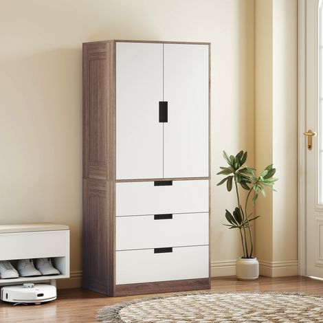 Armario de 2 puertas, armario moderno con 3 cajones y barra para colgar ropa para dormitorio, marrón. (1/5)