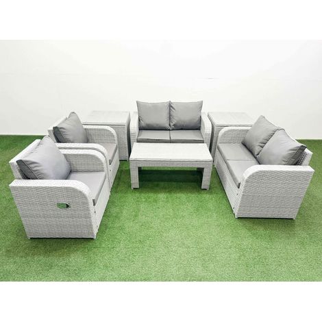 Fimous 6 Seater Outdoor Reclining Chair Love Sofa Set Rattan Garden Furniture Set with Oblong Coffee Table 2 Side Tables Light Grey (1/4)