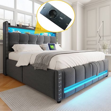 Lit double 140x200cm en tissu gris avec led, port usb, tête de lit avec rangements et coffre hydraulique (1/5)