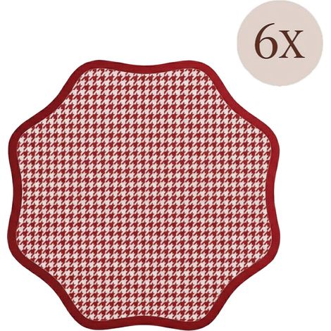 Set de 6 Manteles Individuales Tim, Borde Ondulado, Estampado Micro Pied de Poule, Lavables, Made in Italy, 40x40 cm, Rojo